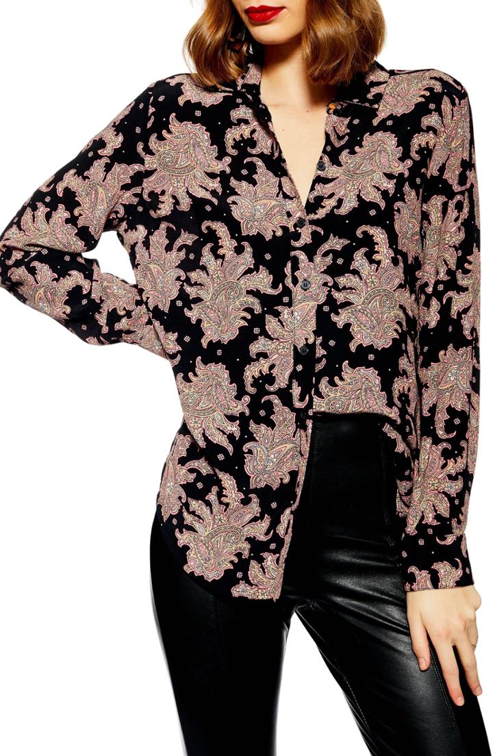 Women's Topshop Paisley Front Button Shirt Us (fits Like 0) - Black