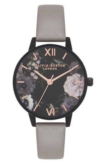 Women's Olivia Burton After Dark Floral Leather Strap Watch, 30mm