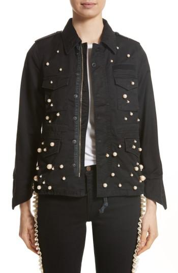 Women's Tu Es Mon Tresor Snow Imitation Pearl Embellished Field Jacket - Black