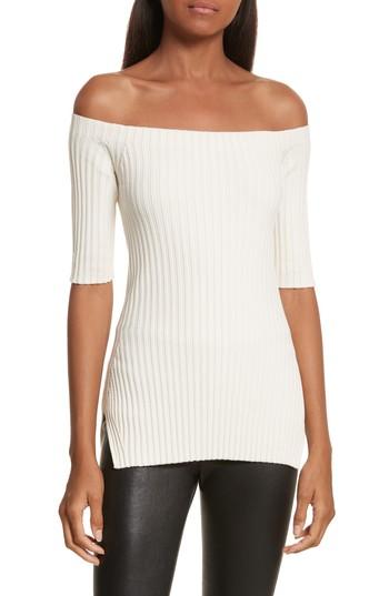 Women's Helmut Lang Rib Knit Silk Off The Shoulder Top - White