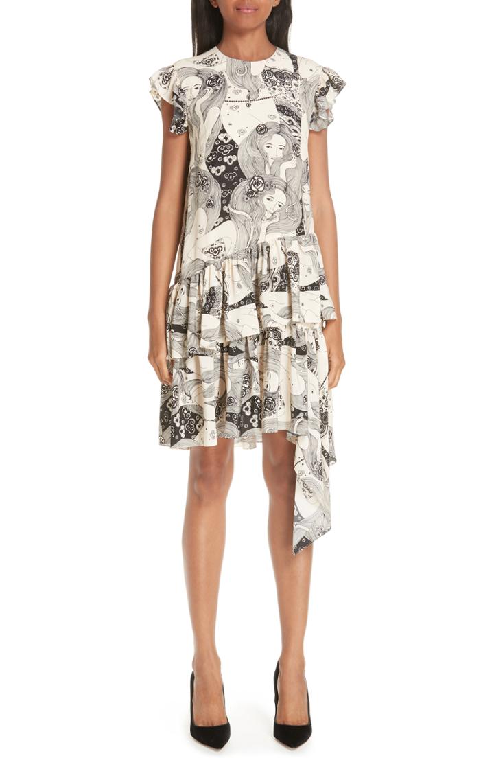 Women's Alexander Mcqueen Eve Print Asymmetrical Silk Dress Us / 42 It - Ivory