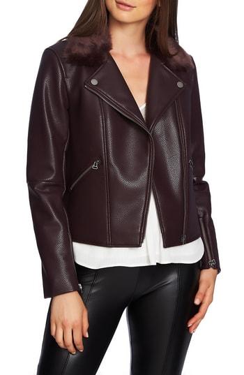 Women's 1.state Faux Fur Collar Moto Jacket - Burgundy