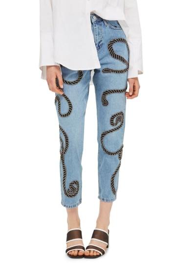 Women's Topshop Rope Embellished Mom Jeans X 30 - Blue