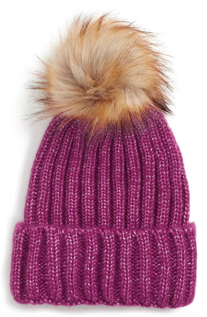 Women's Sole Society Faux Fur Pom Knit Beanie - Purple
