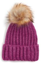 Women's Sole Society Faux Fur Pom Knit Beanie - Purple