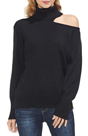 Women's Vince Camuto Asymmetrical Shoulder Cutout Turtleneck Cotton Blend Sweater, Size - Black