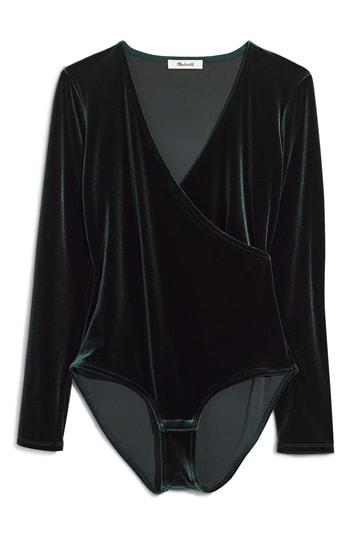 Women's Madewell Faux Wrap Velvet Bodysuit, Size - Green