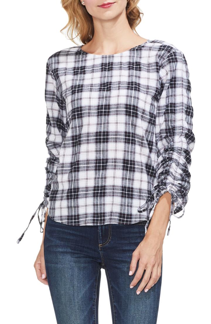Women's Vince Camuto Ruched Long Sleeve Tartan Plaid Blouse - Grey