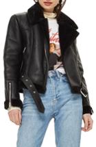 Women's Topshop Finsbury Cropped Faux Shearling Biker Jacket Us (fits Like 0) - Black