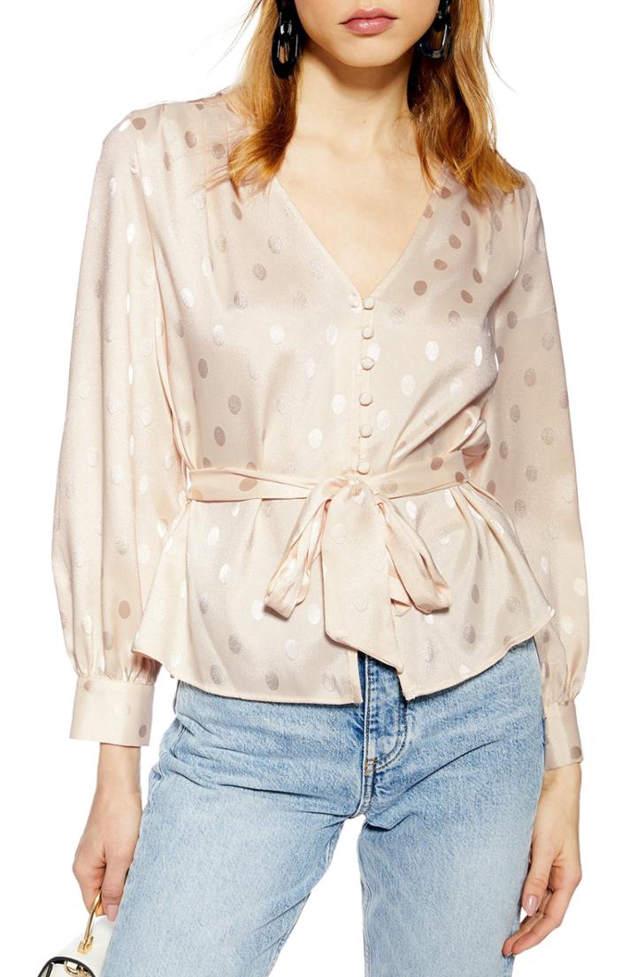 Women's Topshop Spot Jacquard Belted Top Us (fits Like 0) - Ivory