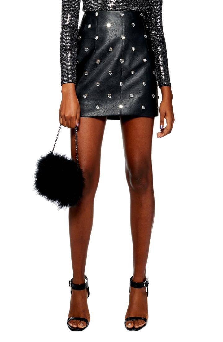 Women's Topshop Crystal Embellished Faux Leather Miniskirt Us (fits Like 0) - Black