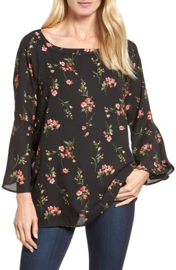 Petite Women's Halogen Bell Sleeve Print Blouse, Size P - Black