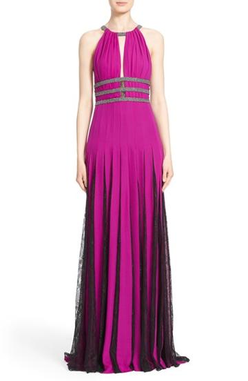 Women's Badgley Mischka Couture Silk Halter Gown With Lace Pleats