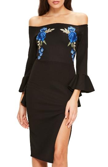 Women's Missguided Bardot Flute Sleeve Off The Shoulder Dress