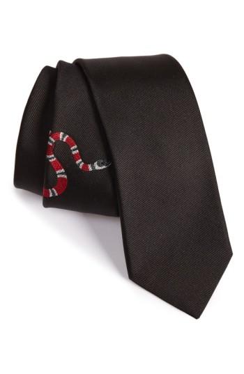 Men's Gucci Embroidered Snake Silk Tie