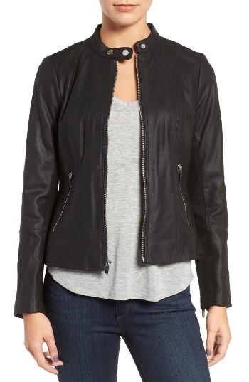 Women's Via Spiga Leather & Ponte Band Collar Jacket