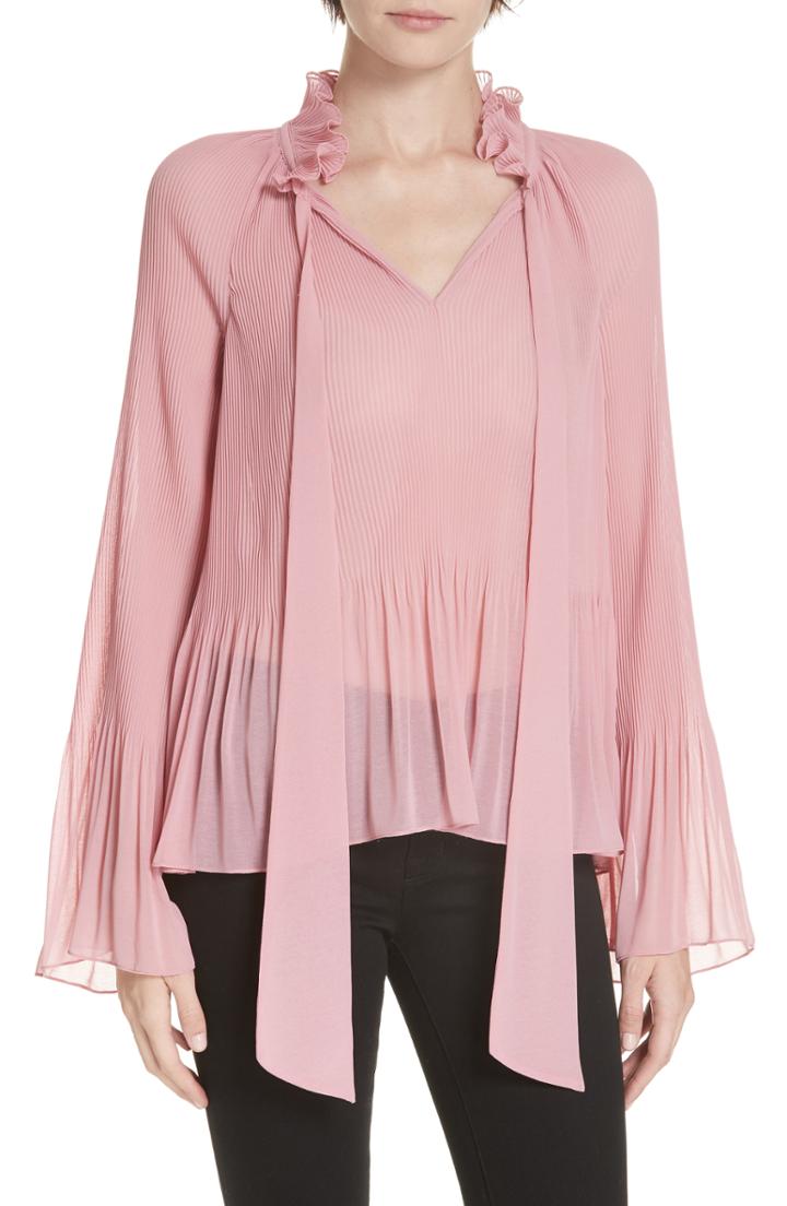 Women's Derek Lam 10 Crosby Long Sleeve Pleated Tie Neck Blouse - Pink
