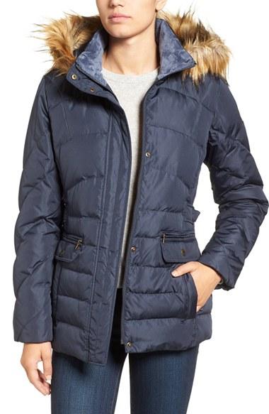 Women's Larry Levine Water Repellent Quilted Jacket With Faux Fur Trim - Blue