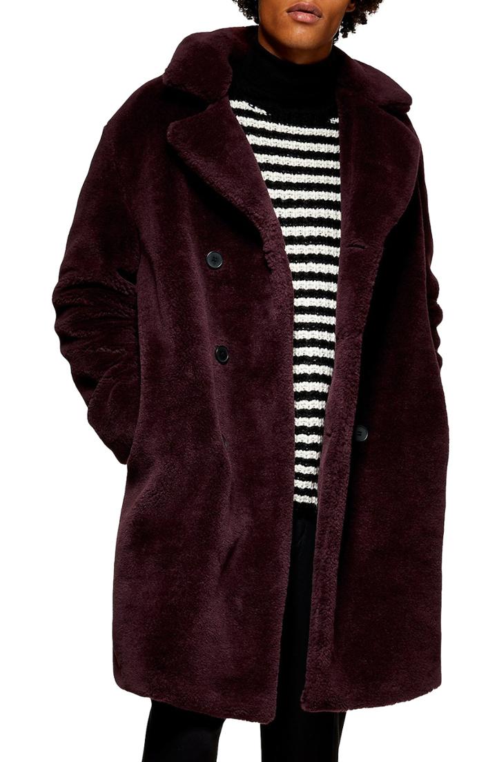 Men's Topman Double Breasted Faux Fur Jacket - Burgundy