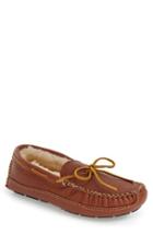 Men's Minnetonka Genuine Shearling Lined Leather Slipper M - Brown