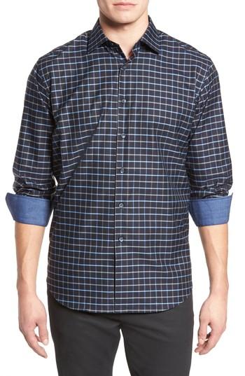 Men's Bugatchi Classic Fit Grid Print Sport Shirt - Black