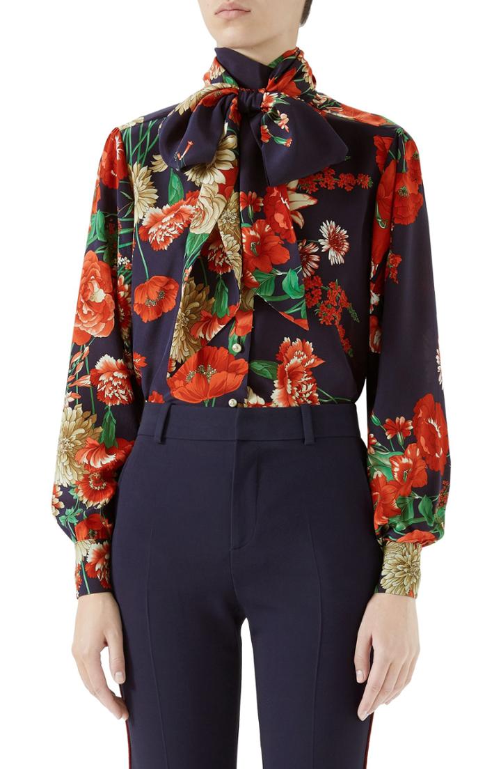 Women's Gucci Spring Bouquet Print Tie Neck Silk Blouse Us / 40 It - Red