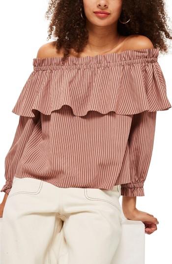 Women's Topshop Stripe Ruffle Bardot Top Us (fits Like 0) - Pink