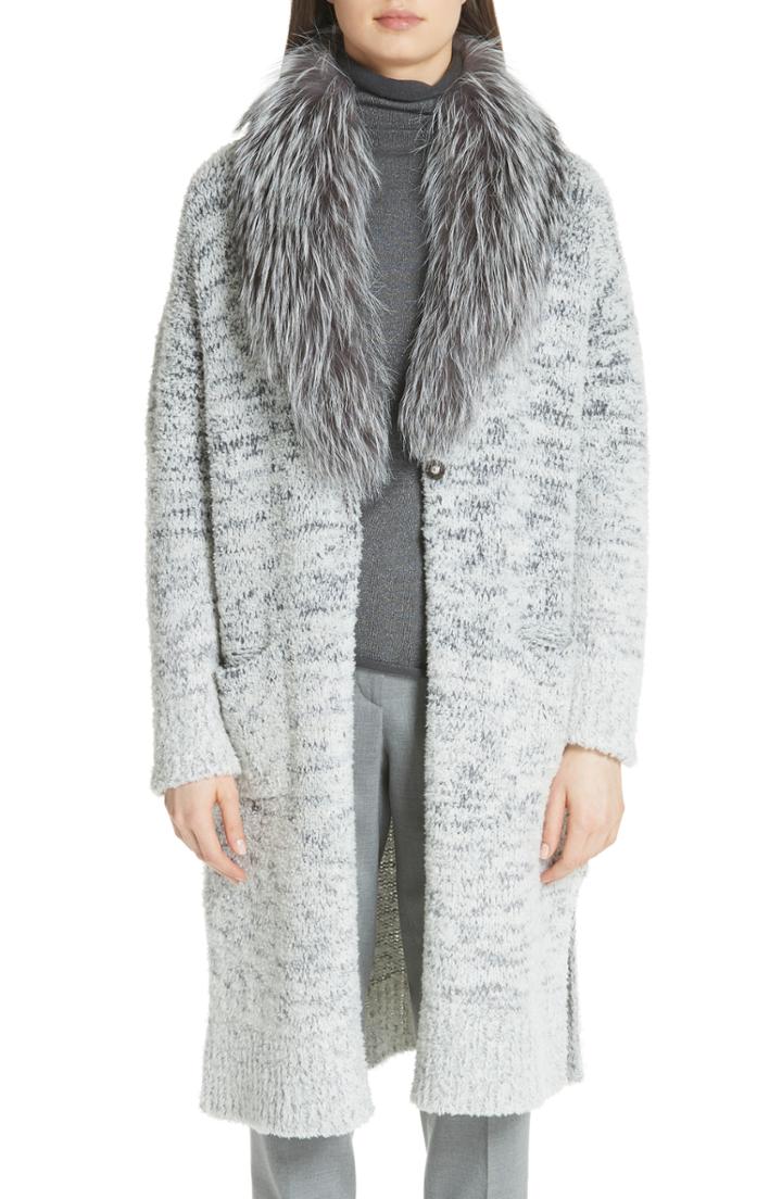 Women's Fabiana Filippi Long Degrade Cardigan With Removable Genuine Fox Fur Collar Us / 40 It - Ivory