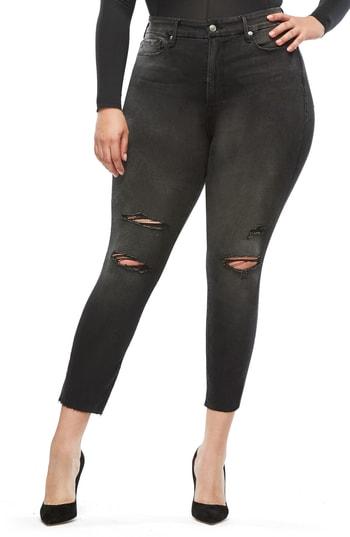 Women's Good American Good Waist Raw Hem Ripped Jeans - Black