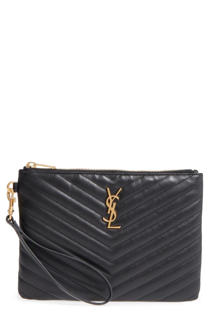 Women's Saint Laurent 'small Monogram' Print Leather Wristlet - Blue
