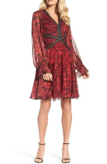 Women's Tadashi Shoji Rose Print Pleated Chiffon Dress - Red