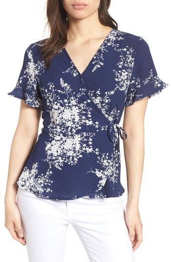 Women's Bobeau Short Sleeve Crepe Faux Wrap Top, Size - Blue