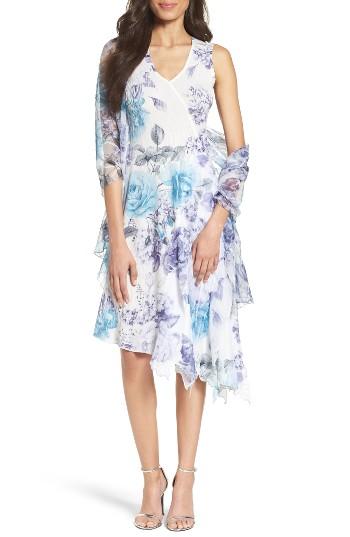 Women's Komarov Print Asymmetrical Hem Dress With Shawl