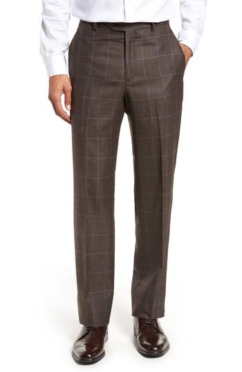 Men's Berle Flat Front Windowpane Wool Trousers - Brown