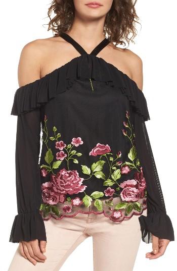Women's Love, Fire Embroidered Floral Off The Shoulder Top - Black