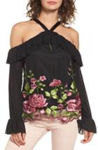 Women's Love, Fire Embroidered Floral Off The Shoulder Top - Black