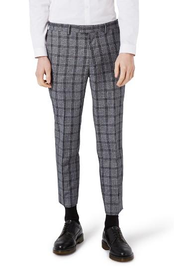 Men's Topman Skinny Fit Plaid Crop Suit Trousers X 32 - Grey