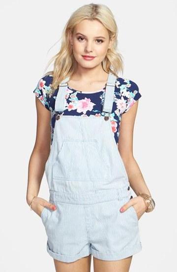 Volcom 'kiljoy' Stripe Chambray Short Overalls (juniors) Indigo Stripe