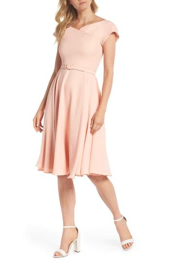 Women's Gal Meets Glam Collection Sally Belted Crepe Fit & Flare Dress - Coral