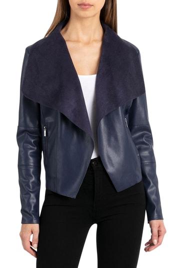 Women's Bagatelle Drape Faux Leather & Faux Suede Jacket - Blue