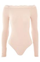 Women's Topshop Lace Trim Off The Shoulder Bodysuit Us (fits Like 0-2) - Pink