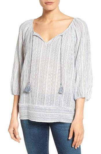Women's Caslon Print Cotton Tie Neck Peasant Blouse - White
