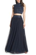 Women's Lace & Beads Embellished Two-piece Gown - Blue