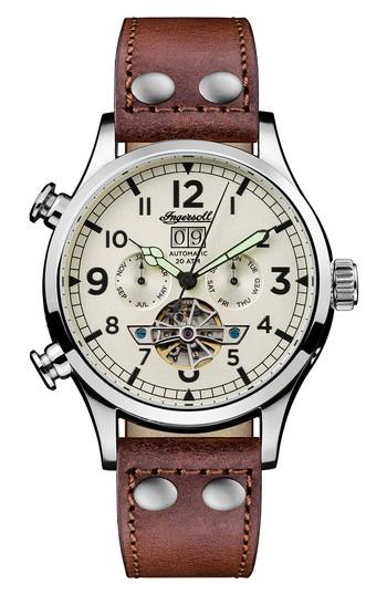 Men's Ingersoll Armstrong Automatic Chronograph Leather Strap Watch, 46mm