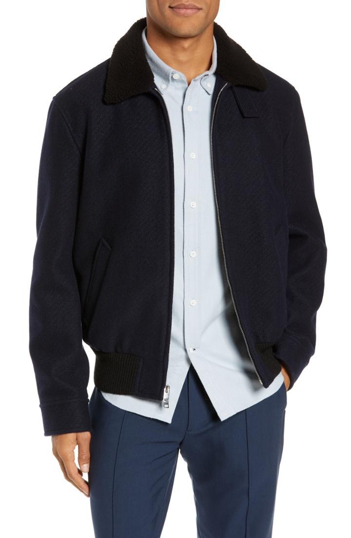 Men's Club Monaco Trim Fit Bomber Jacket With Genuine Shearling Collar - Blue