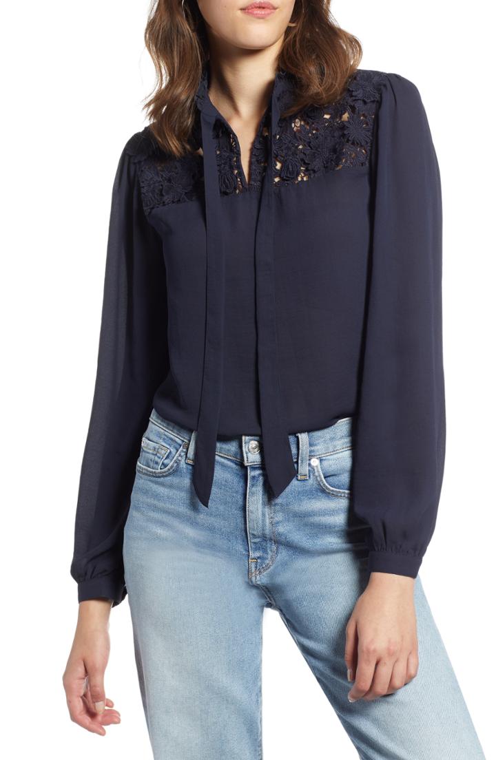 Petite Women's Halogen Lace Yoke Blouse, Size P - Blue
