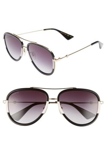 Men's Gucci Web Block 57mm Leather Aviator Sunglasses - Gold/ Dark Havana