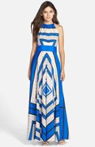 Women's Eliza J Scarf Print Crepe De Chine Fit & Flare Maxi Dress - Blue