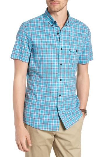 Men's 1901 Ivy Trim Fit Plaid Cotton & Linen Sport Shirt - Blue/green