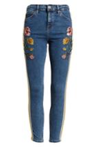 Women's Topshop Moto Side Stripe Embroidered Crop Skinny Jeans W X 30l (fits Like 33-34w) - Blue